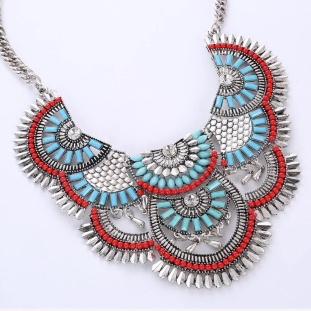 Chunky silver tribal bib necklace